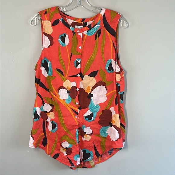 Sigrid Olsen Floral Linen Orange Sleeveless Top Size L Button Down - Picture 1 of 12